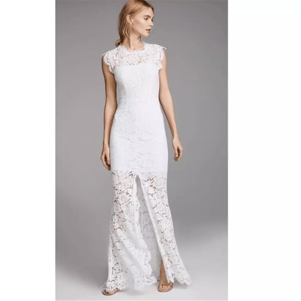 NWT Rachel Zoe sz 10 White Lace Dress short sleeve front slit open back w/train